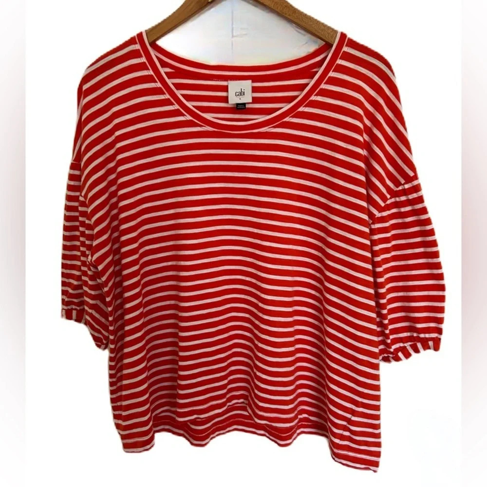 CAbi Top Women's Small Orange White‎ Stripe Poolside Tee Boxy Cotton 5984